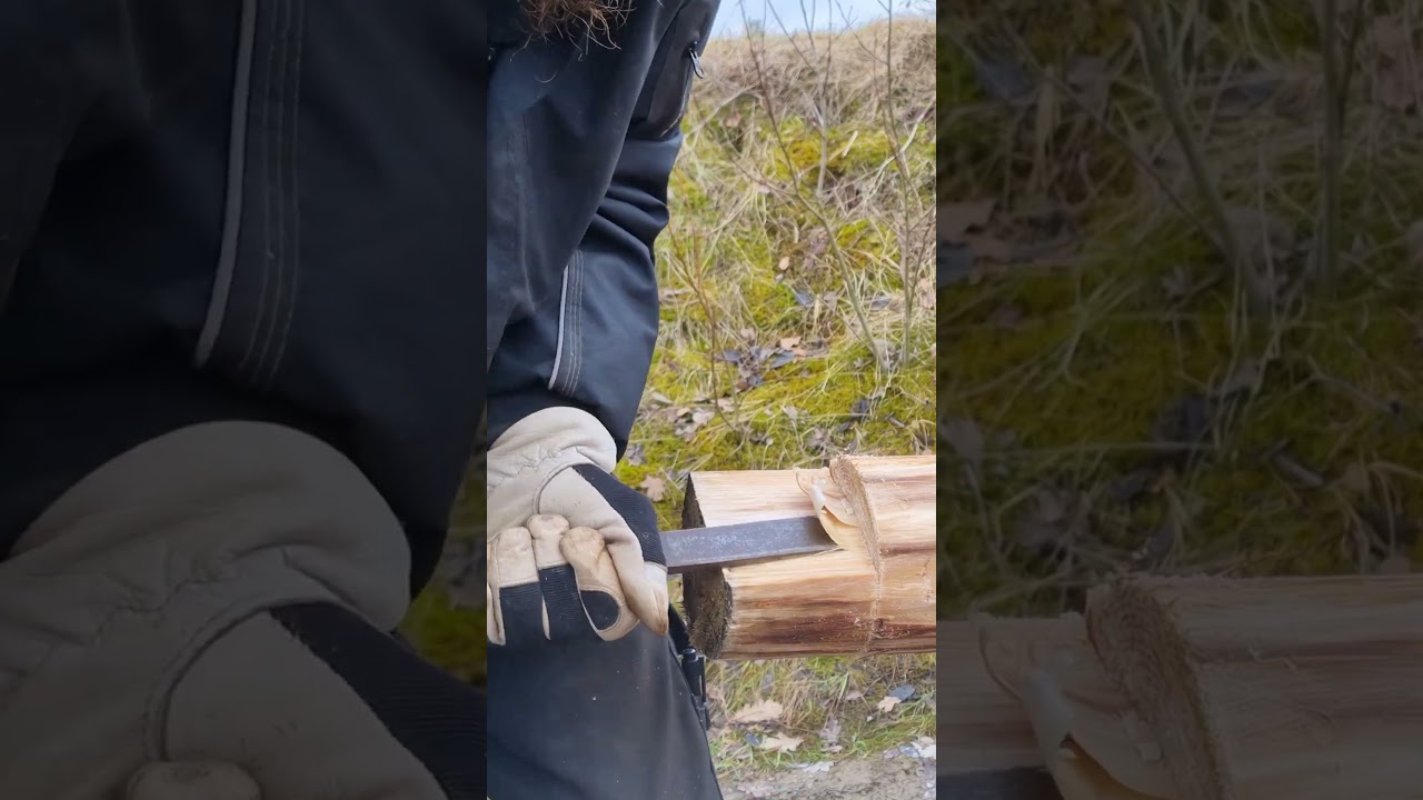 Cutting tenons with hand tools - Round timber framing #shorts