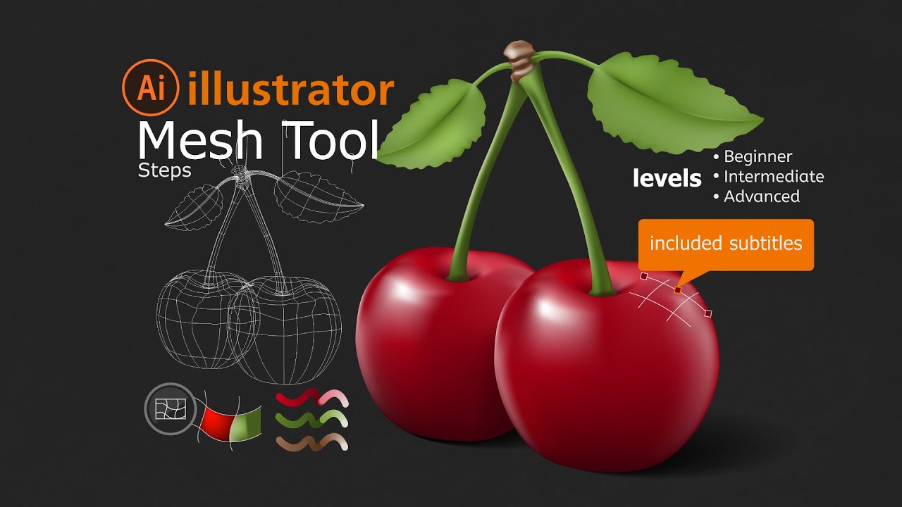 Cherry tutorial in Adobe Illustrator for Beginners using gradient mesh Tool | included subtitles