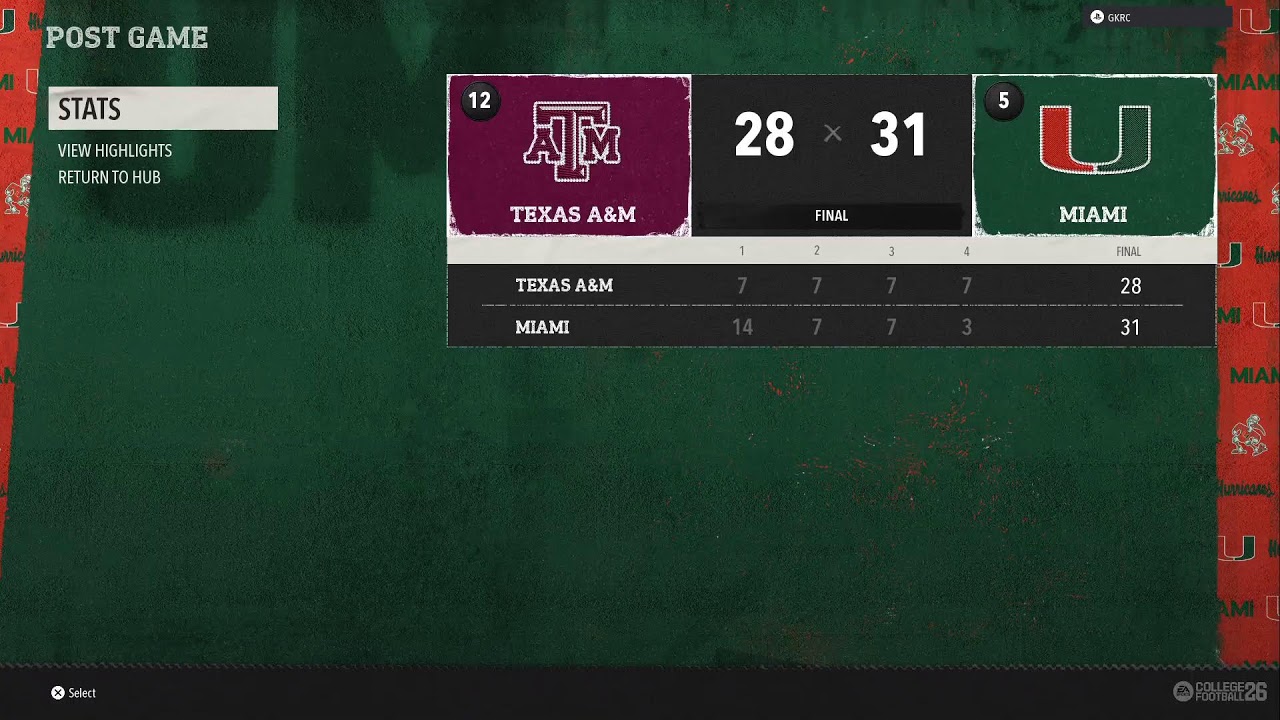 Season 7 CFP Week 1 vs Miami - SOB