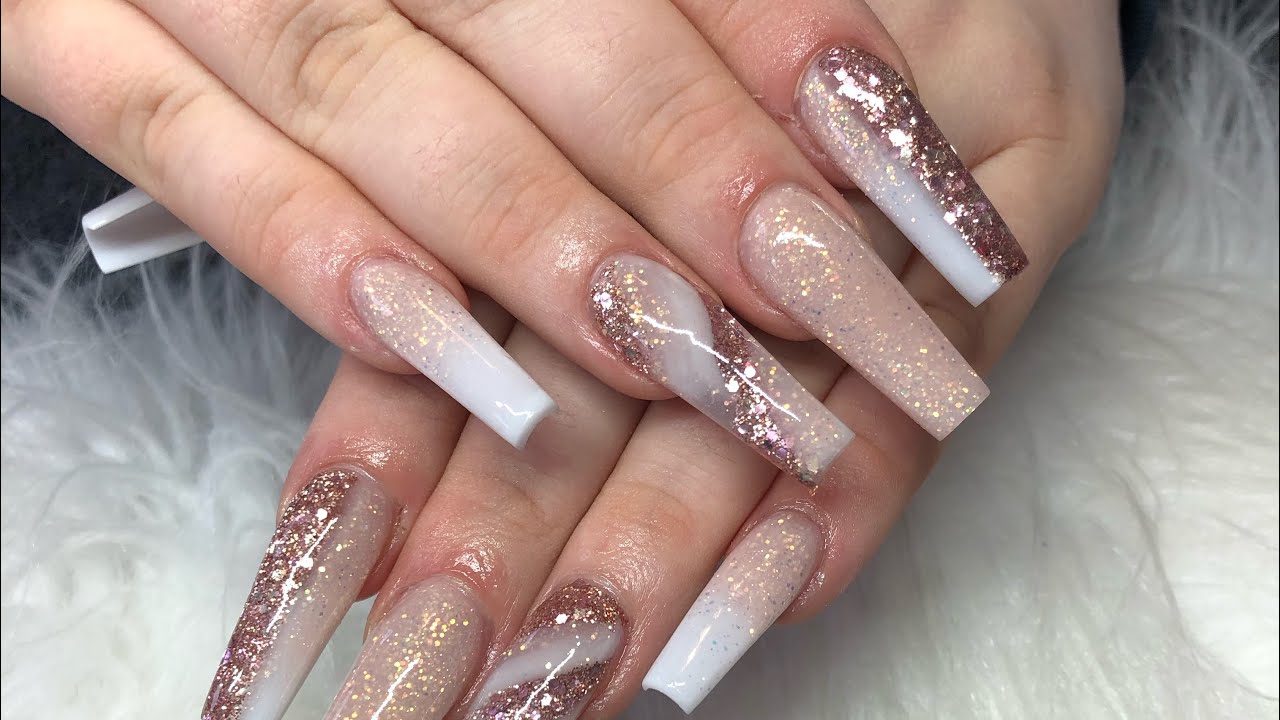Long Nude And Rose Gold Acrylic Nails