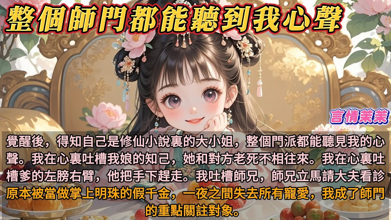 《整個師門都能聽到我心聲》覺醒後，得知自己是修仙小說裏的大小姐，整個門派都聽見我的心聲。原本被當做掌上明珠的假千金，一夜之間失去所有寵愛，我成了師門的重點關註對象。
