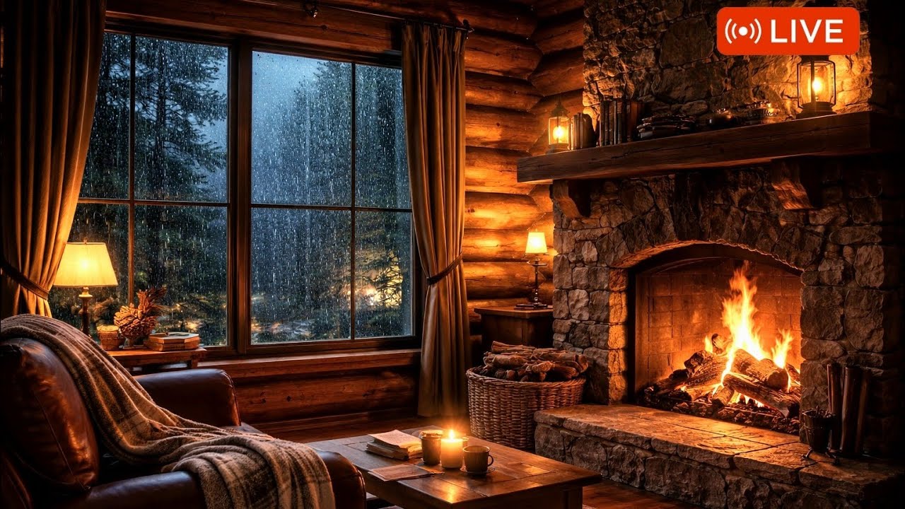 🔥Cozy Fireplace & Rain with Soft Piano 🎹 | 8 Hours Relaxing Cabin Night Ambience #relax #usa #sound