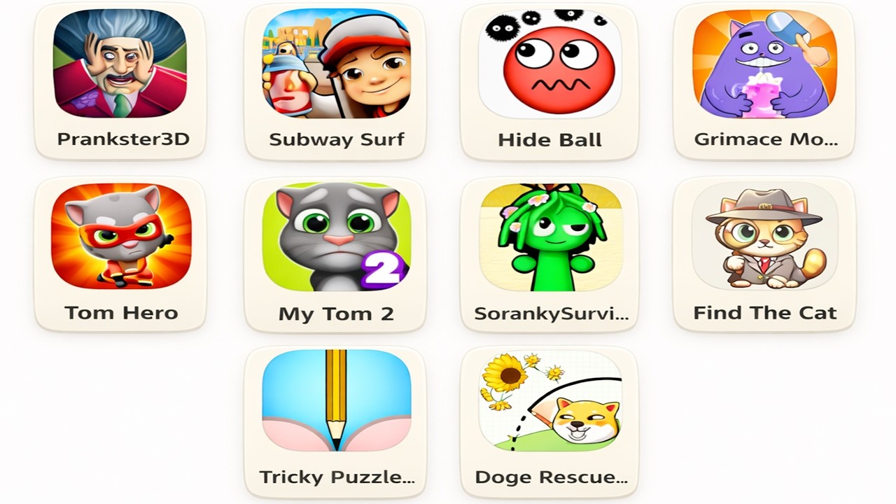 Grimice Monster Scary Survival, Subway Surfers, Tricky Puzzle, Spranky, Prankster 3D, Hide Ball