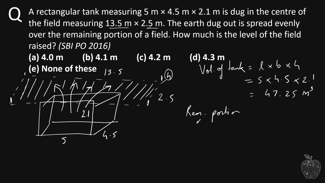 A rectangular tank measuring 5 m × 4.5 m × 2.1 m is dug in the centre of the field measuring 13.5 m