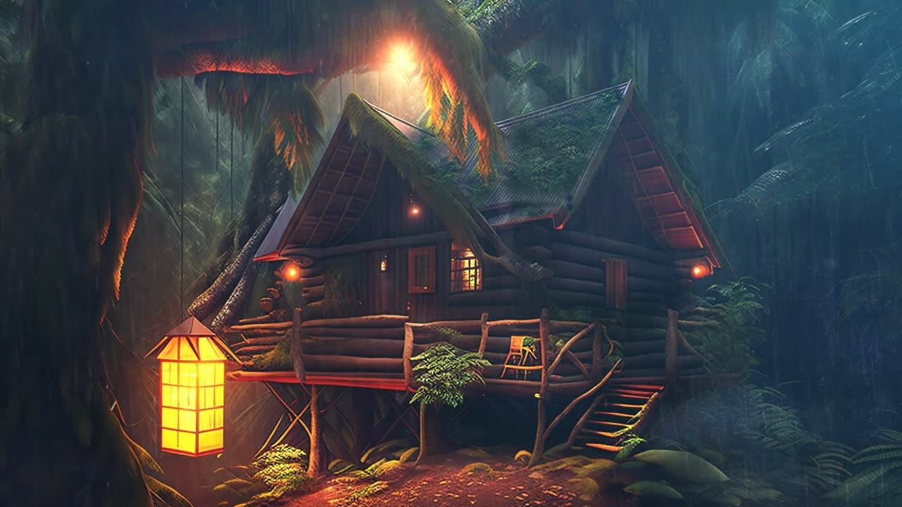 Lantern in the Rain ~ Cozy Forest Cabin Night Ambience