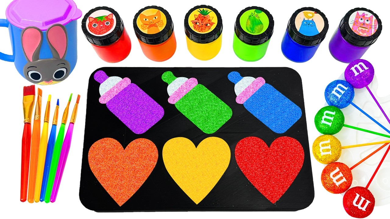 Satisfying Video l DIY How To Make BIG Oddly Rainbow 3 Bottles Hearts Glitter& Cats Paint ASMR