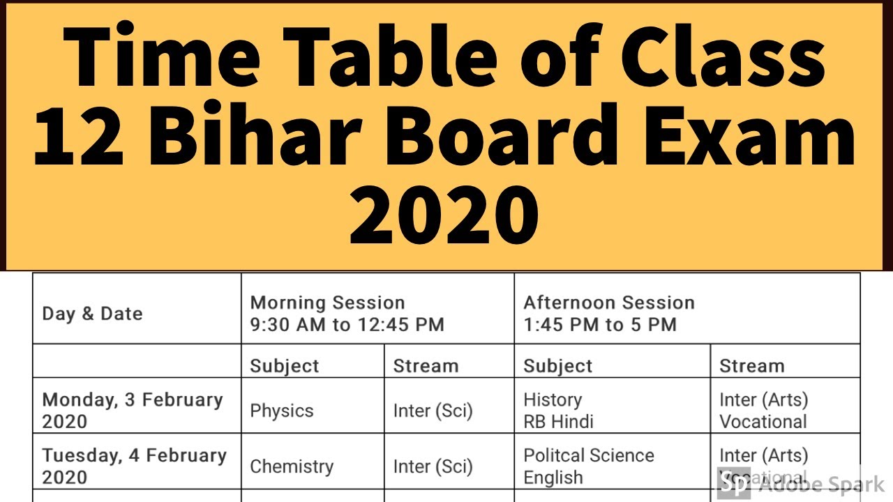 Time Table of Class 12 Bihar Board Exam 2020 | BSEB Inter Date Sheet 2020