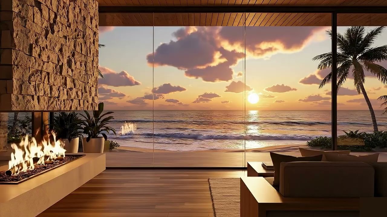 Ocean Waves in Glass House – Sunset Beach Waves with Fireplace | Relaxing Ocean Sounds for Sleep