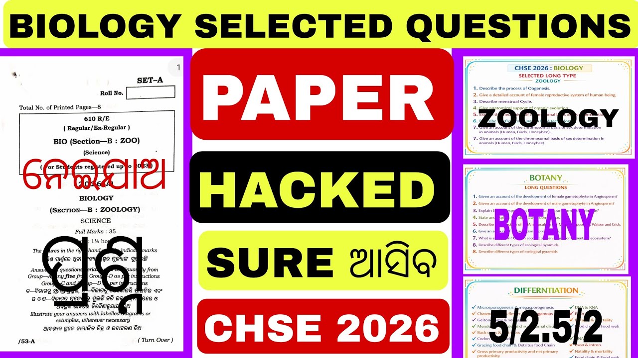 BIOLOGY SELECTED QUESTIONS FOR CHSE 2026|| ALL (5, 2.5 & 2 MARKS)|| BOTANY & ZOOLOGY 