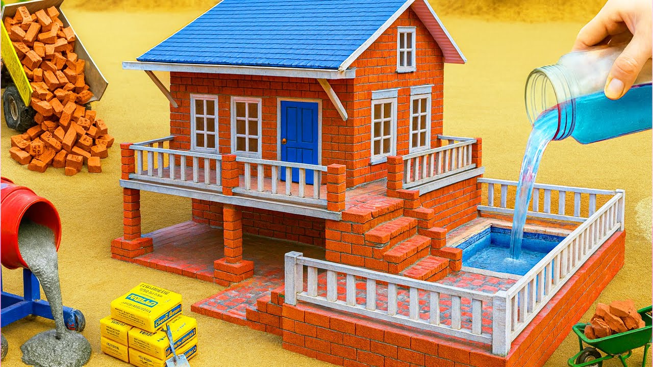 Construction Science Project | DIY Mini Bricks House Built with Tractor, Featuring Yard and Pool