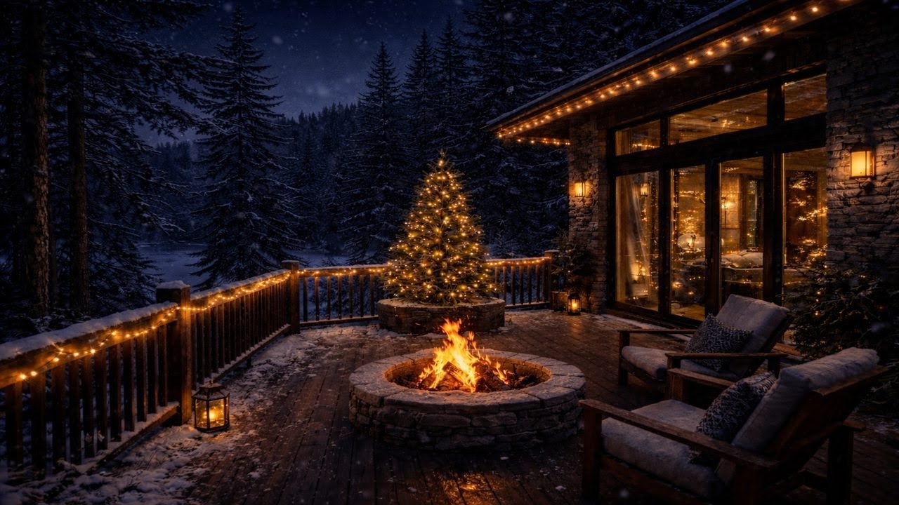 Snowy Cabin at Night 🌨️ Crackling Fireplace & Soft Piano | Calm, Cozy Ambience
