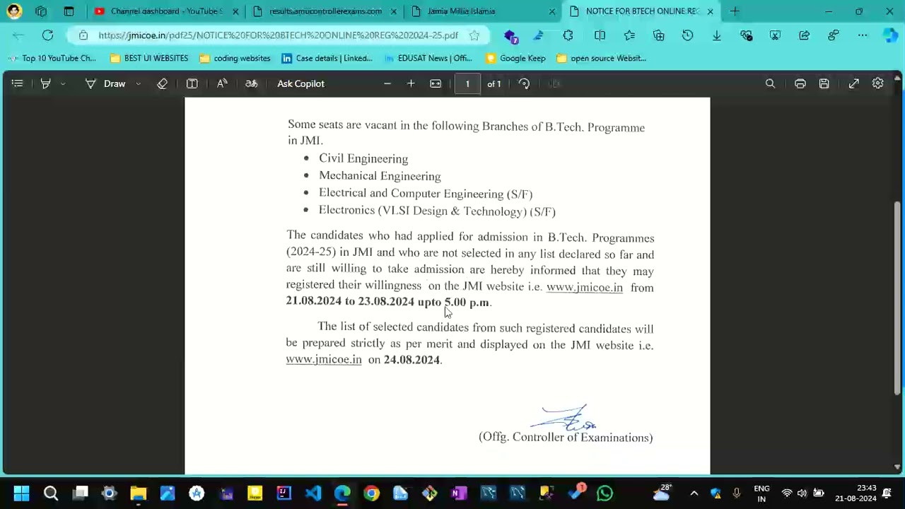 Jamia BTECH URGENT NOTICE 2024 25
