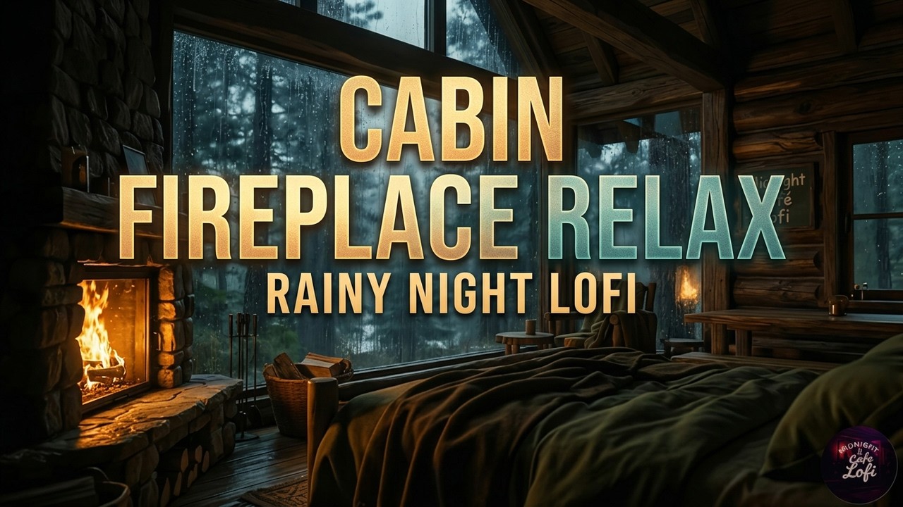 Cabin by the Forest | Fireplace Warmth on a Rainy Night | Midnight Cafe #relaxinglofi #fireplacelofi