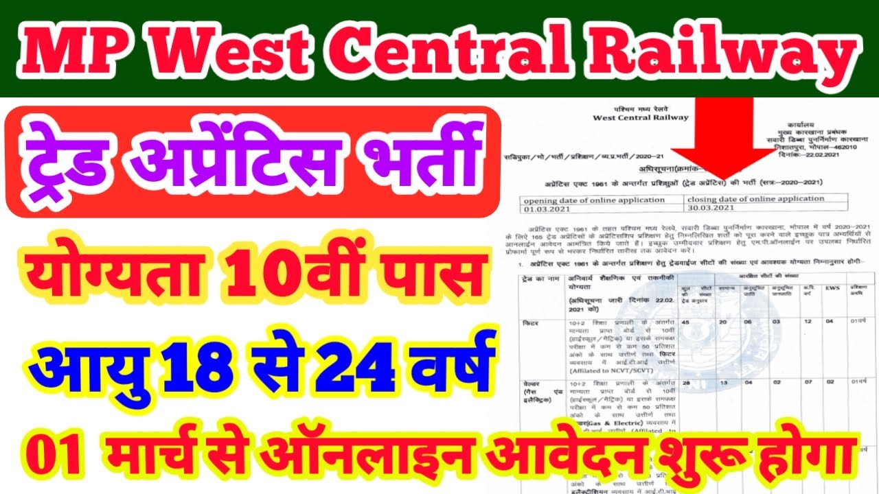 MP WCR Apprenticeship भर्ती 2021 ! West Central Railway recruitment 2021! MP पश्चिम मध्य रेलवे भर्ती