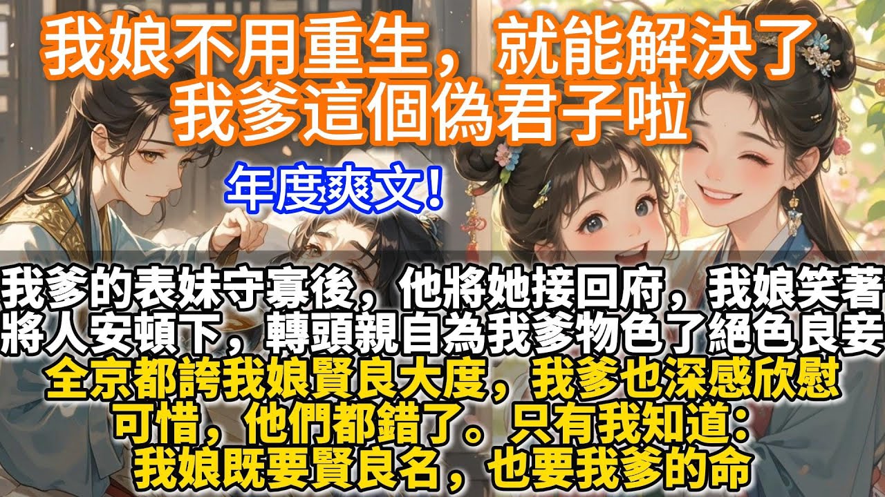 完結爽文：我娘不用重生，就能解決了我爹這個偽君子啦。我爹的表妹守寡後，他將她接回了府。我娘轉頭就親自為我爹物色絕色良妾。全京都誇我娘賢良大度，可惜，他們都錯了。只有我知道，我娘既要賢良名，也要我爹的命