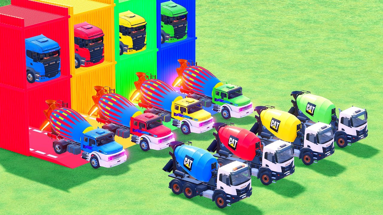 Garage with Colors - ALL MIXER TRUCK WITH DOUBLE FLATBED TRAILER TRUCK, VOLVO, MAN, MACK - FS22