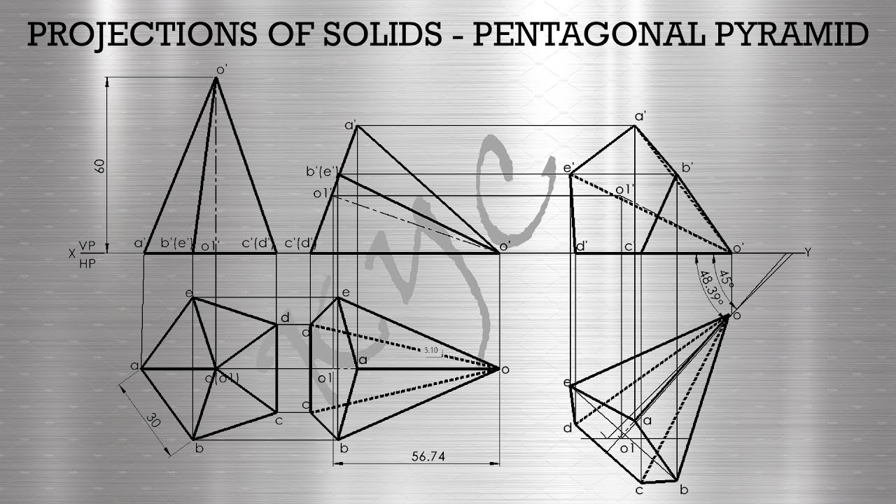 Projections of Solids - Pentagonal Pyramid in Solidworks Drawing mode.
