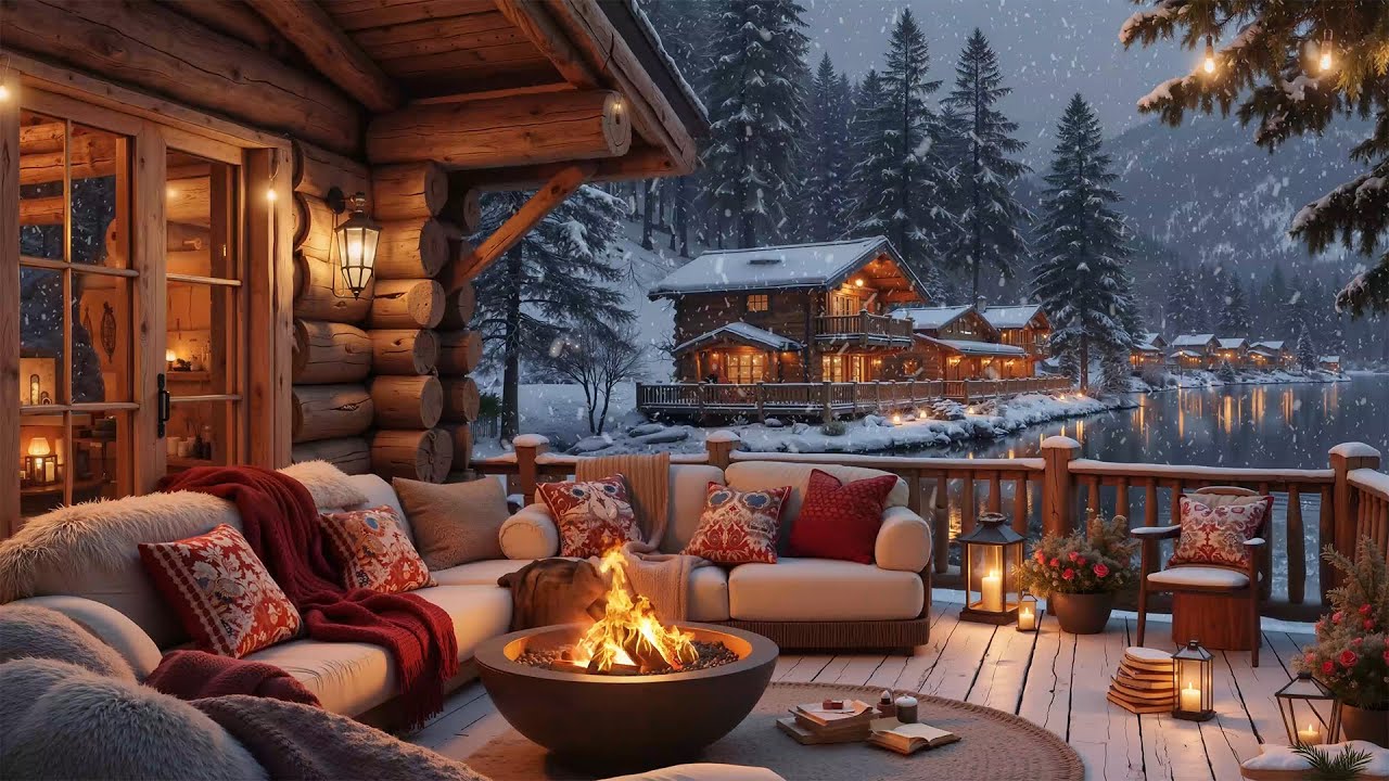 Winter Fireplace at a Snowy Lakeside Cabin ❄️ Cozy Night Ambience for Study, Work & Focus