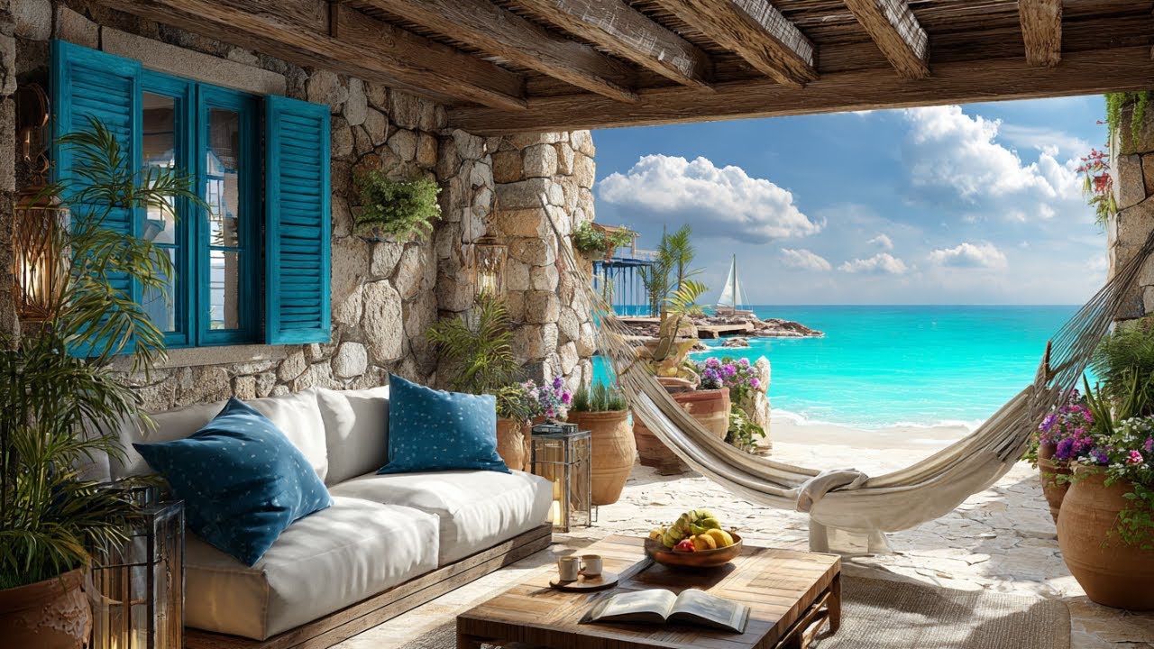 Sunlit Coastal Patio Escape | Waves & Birds for Stress Relief, Deep Work and Clear Mind