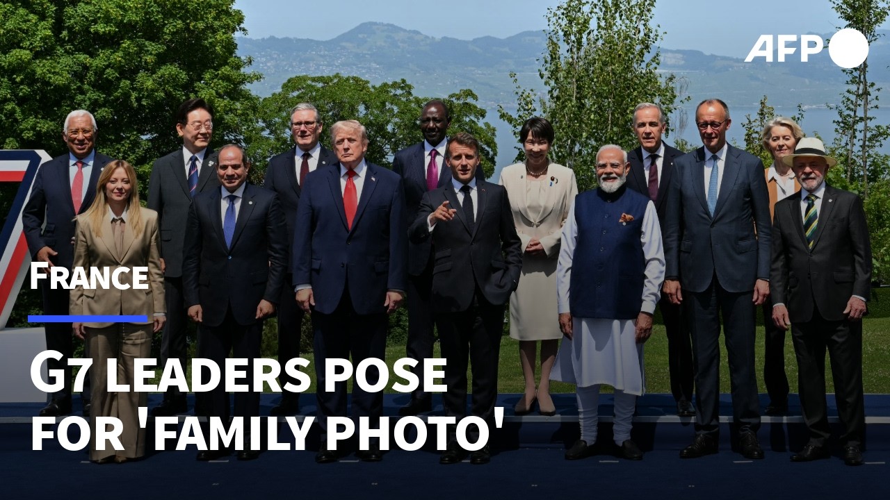 G7 leaders pose for a family photo in Evian, France | AFP