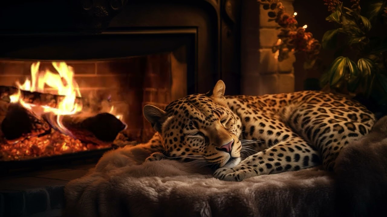 Relax with Purring Wild Cat and Crackling Fireplace 🔥 Deep Sleep, Relax, Study, Stress Relief