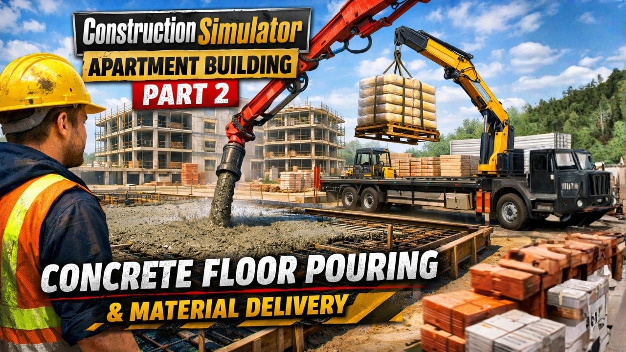 Construction Simulator – Apartment Building Part 2 | Concrete Floor Pouring & Material Delivery