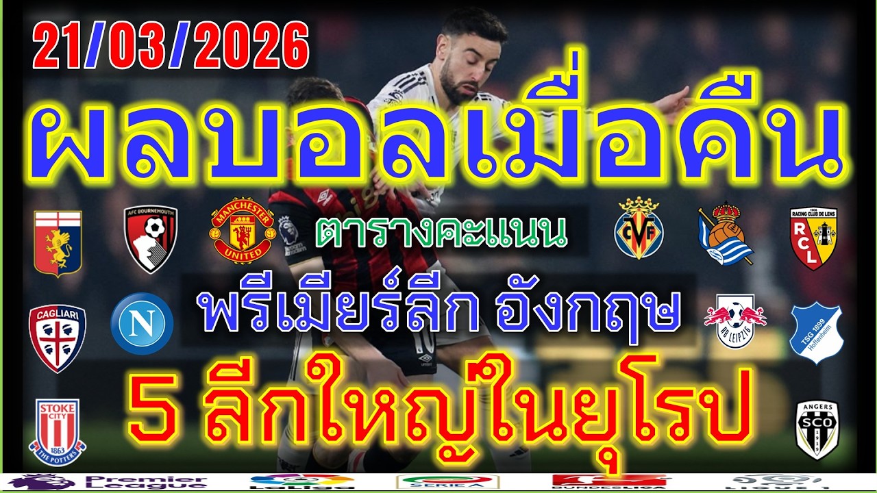 ผลบอลเมื่อคืน/พรีเมียร์ลีก/ลาลีกา/เซเรียอา/บุนเดสลีกา/ลีกเอิง/แชมเปี้ยนชิพ/ไทยลีก/21/3/2026