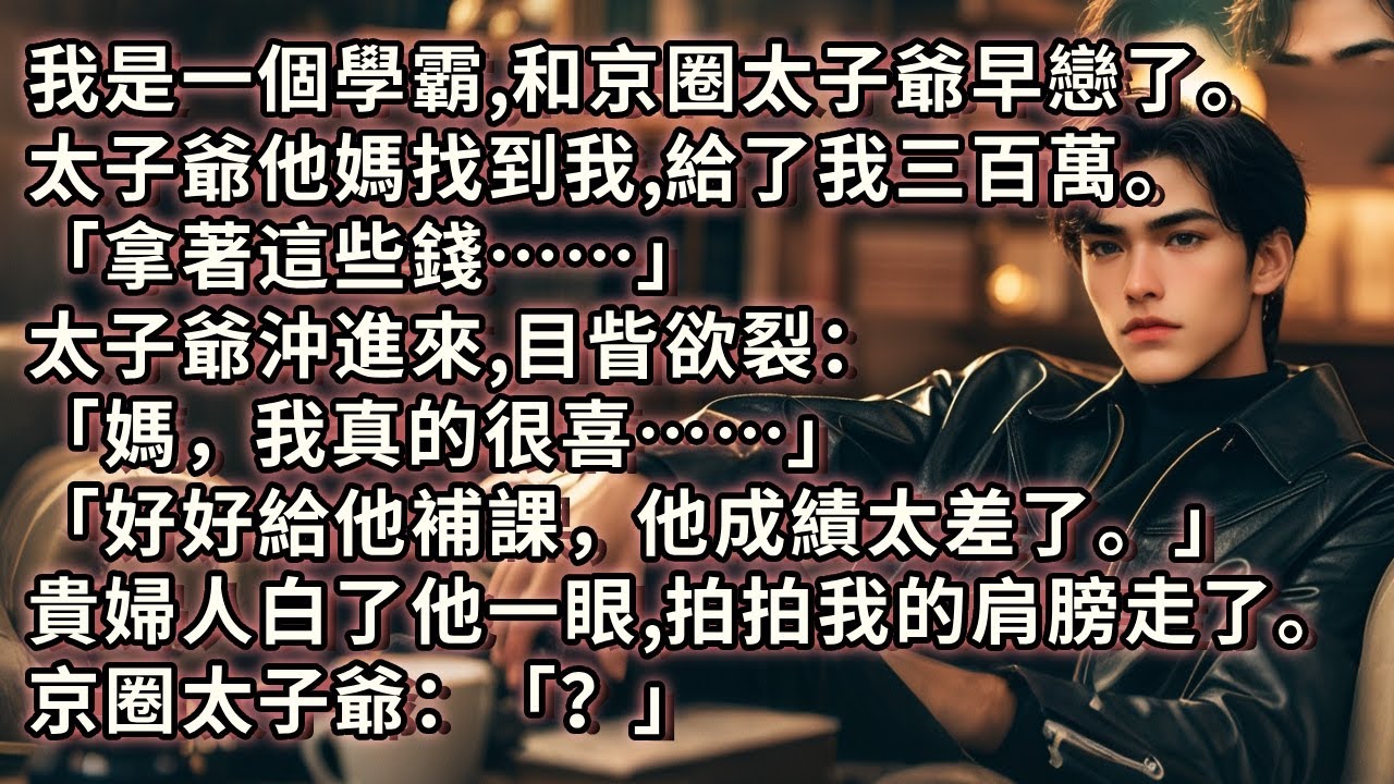 我是一個學霸，和京圈太子爺早戀了。太子爺他媽找到我給了我三百萬。「拿著這些錢……」他沖進來：「媽，我真的很喜……」「好好給他補課，他成績太差了。」貴婦人白了他一眼，拍拍我的肩膀走了。京圈太子爺：「？」