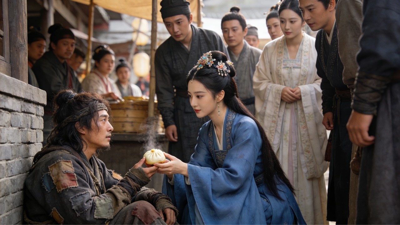 Only the girl gave the beggar a bun,but he was a martial arts genius who risked his life to save her