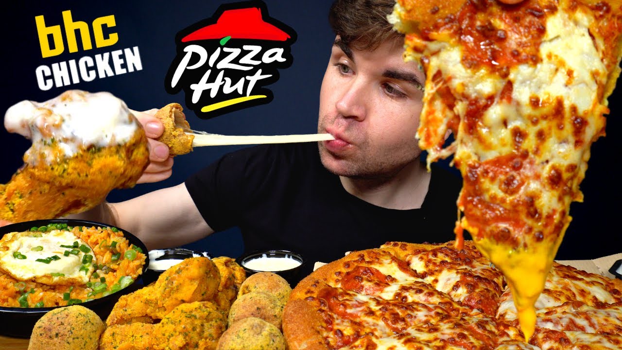 ASMR MUKBANG PIZZA HUT EXTRA CHEESE  PIZZA & BHC BBURINKLE FRIED CHICKEN | WITH RANCH | Magic Mikey