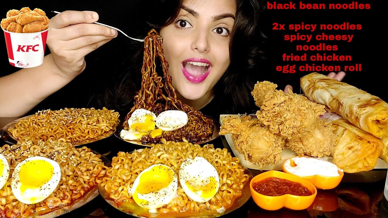 Eating 4types Spicy Korean Noodles🍝(Blackbean,Cheesy,2x,3x)Egg Chicken Roll🌯Kfc Fried🍗Mukbang Show 🍟