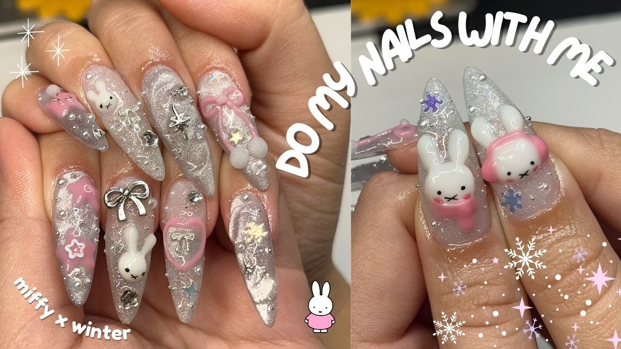 do my nails with me❄️🤍miffy x winter themed nails, asmr, cateye polishes, korean gels, no talking