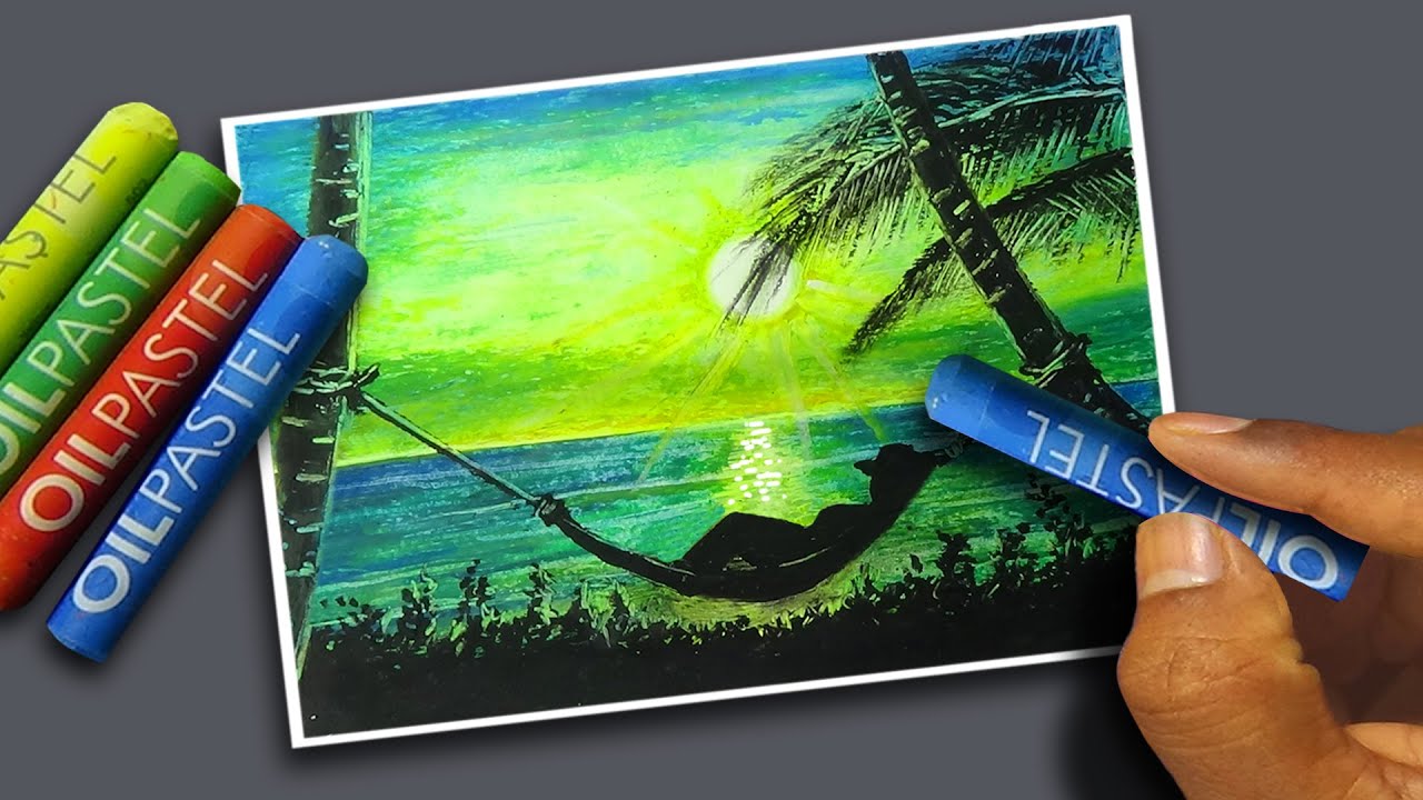 Oil pastel drawing sunset scenery easy | Sunset beach oil pastel drawing tutorial for beginners