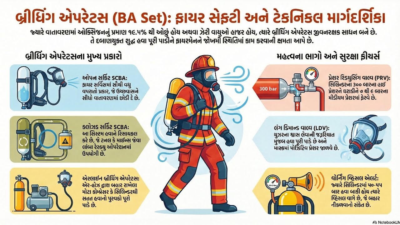 બ્રીધિંગ એપરેટસના મુખ્ય પ્રકારો (Types of Breathing Apparatus) વગેરે માહિતી #fireexam 