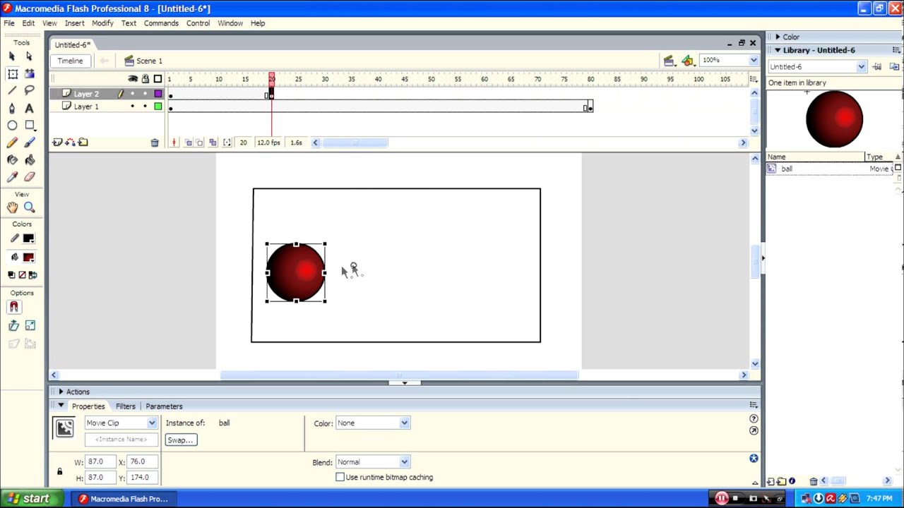 Как создать анимацию прыгающего мяча в Macromedia Flash 8