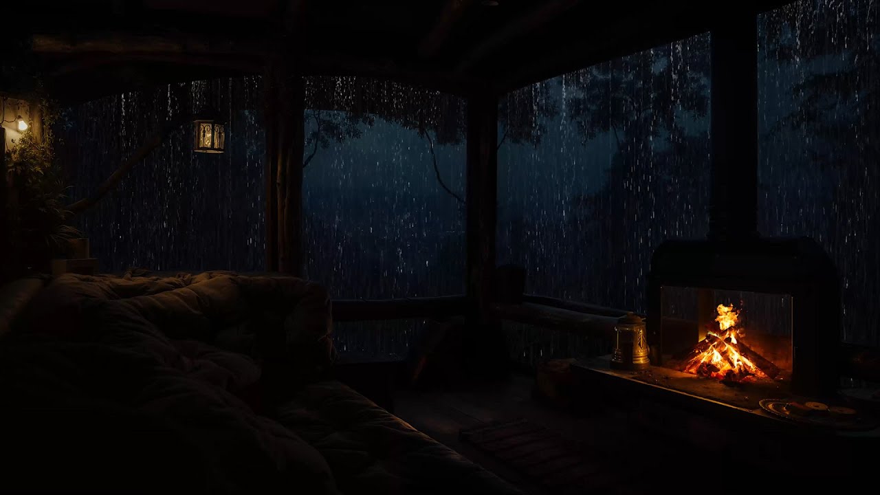 Cozy Cabin Interior with Fireplace with Rain Falls Outside | Calm Night Ambience for Deep Sleep