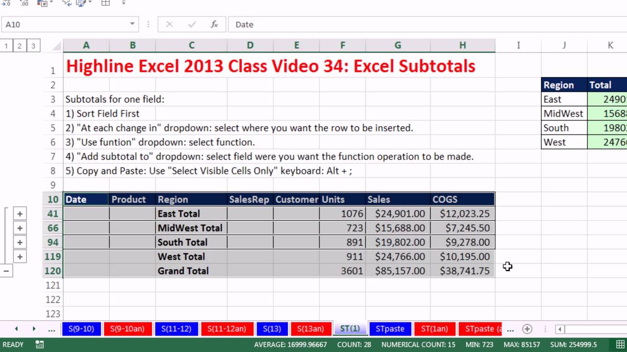 Highline Excel 2013 Class Video 34: Excel Subtotals, Add Subtotals based on One or Two Columns