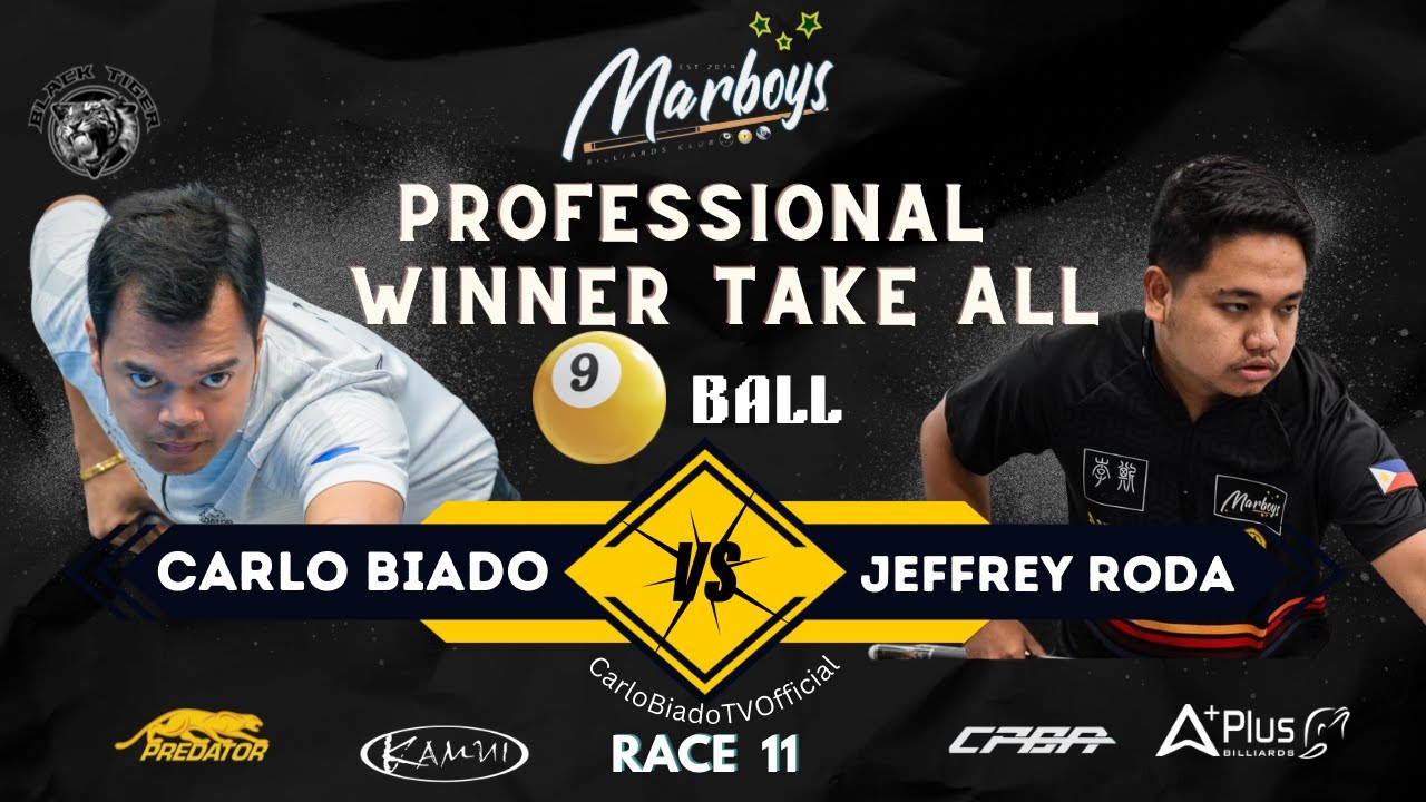 Marboys Pro Winner Take all 🔹Carlo Biado VS Jeffrey Roda🔹Race 11🔹9 ball