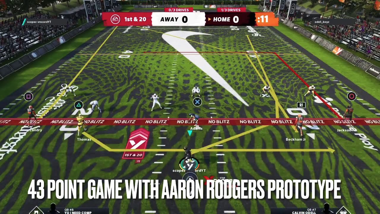 43 point game with Aaron Rodgers prototype ( golden arm).  Madden 21 yard