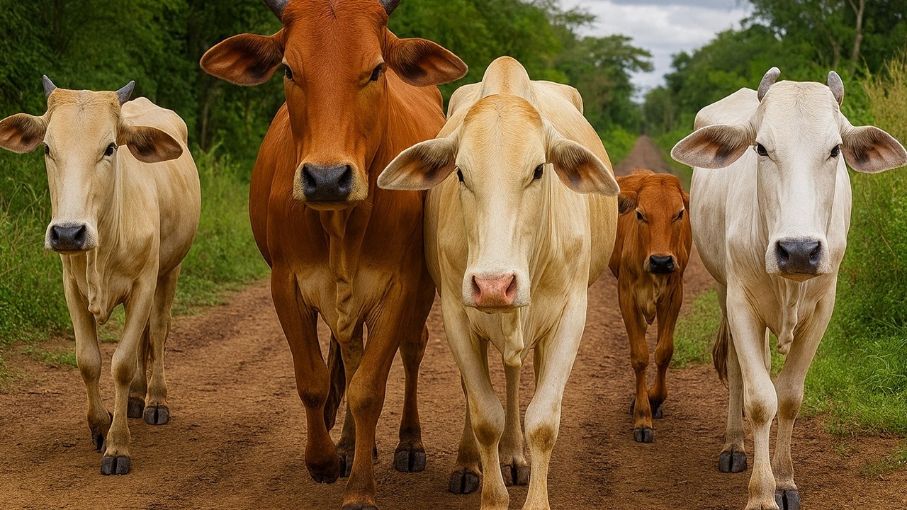 Aktivitas sapi lembu berlarian di jalan menuju ladang rumput hijau, Suara Sapi Moo