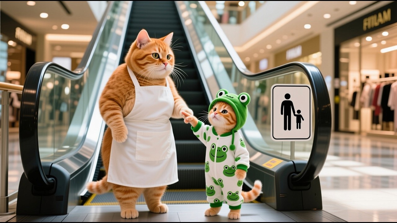 Ginger Kitten Tries to Use the Escalator Alone &mdash; Mama Cat Teaches Him Safety Rules