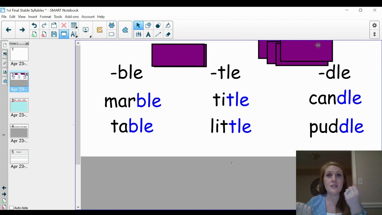 1st Grade Phonics Lesson-  Stable Final Syllables:  -ble, -tle, -dle