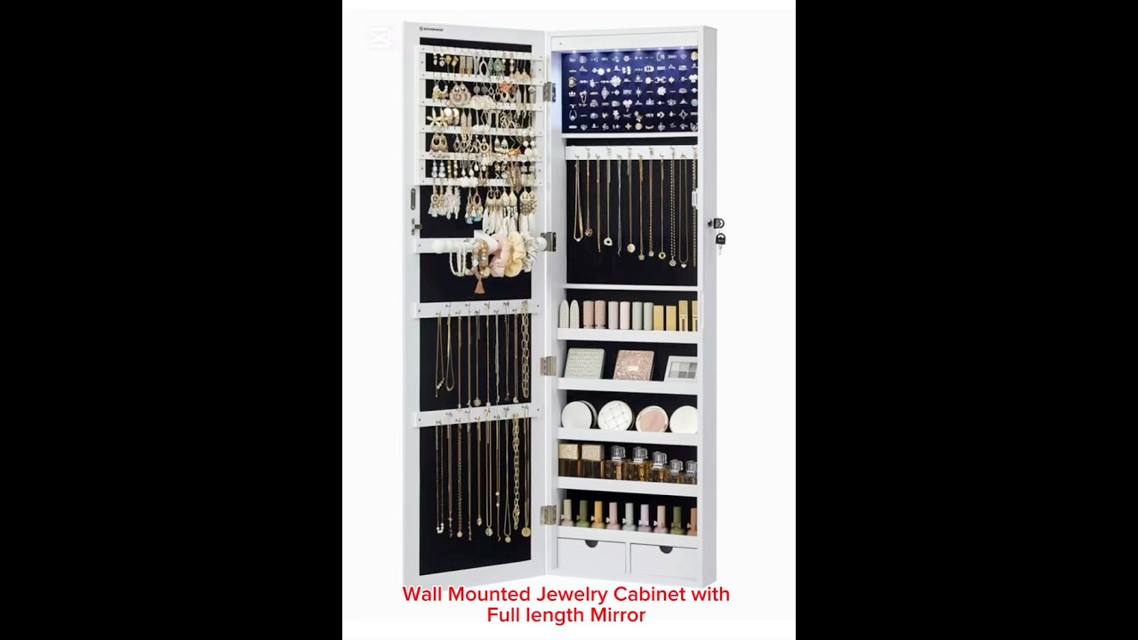 Wall mounted jewelry cabinet with full length mirror and lock, hanging jewelry organizer