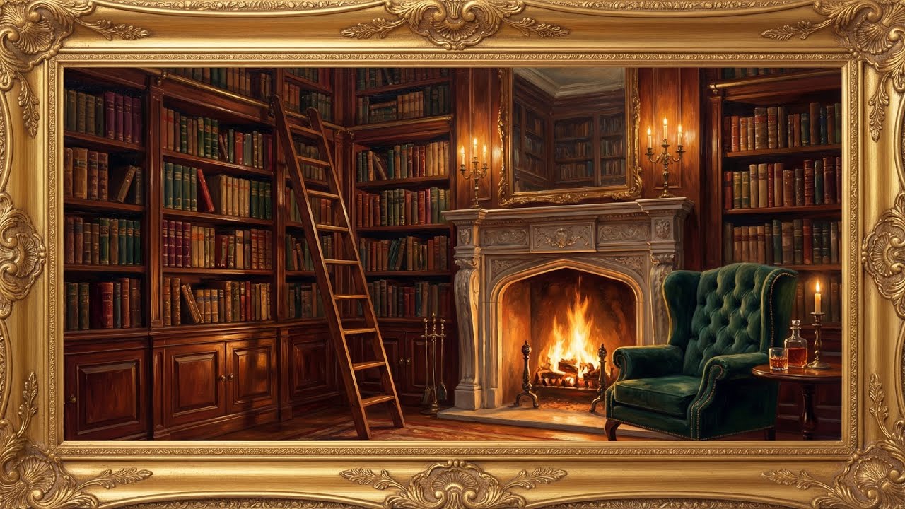 Vintage Library Fireplace | 4K Scholarly Ambience | Luxury Gold Frame TV Art