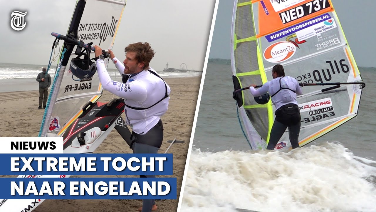 Bob surft(!) naar Engeland: ‘Eigenlijk waait het veel te hard’