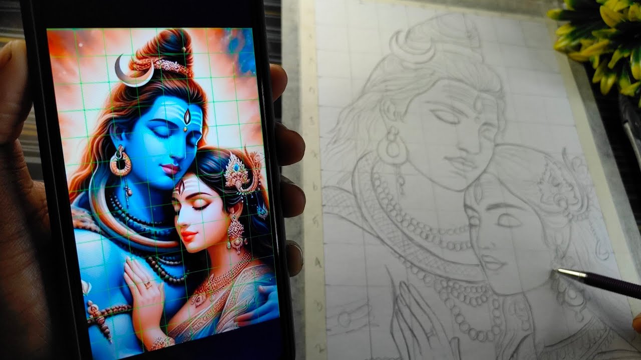 Lord Shiva and Mata Parvati drawing Outline, How to draw Mahadev with Maa Parvati, Shivratri drawing