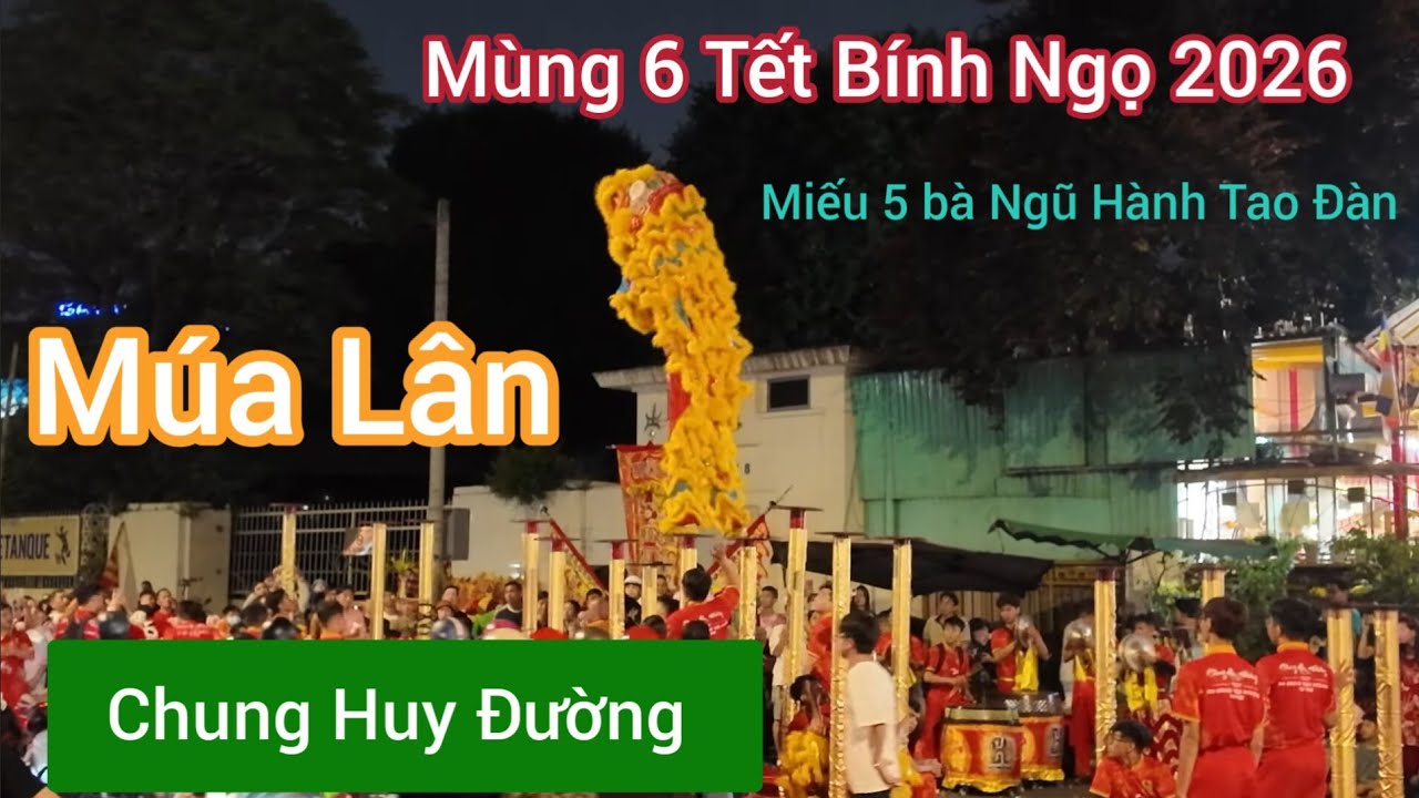Đi xem múa lân tối mùng 6 Tết Bính Ngọ 2026 ở Miếu 5 bà Ngũ Hành Tao Đàn - Đoàn Lân Chung Huy Đường 