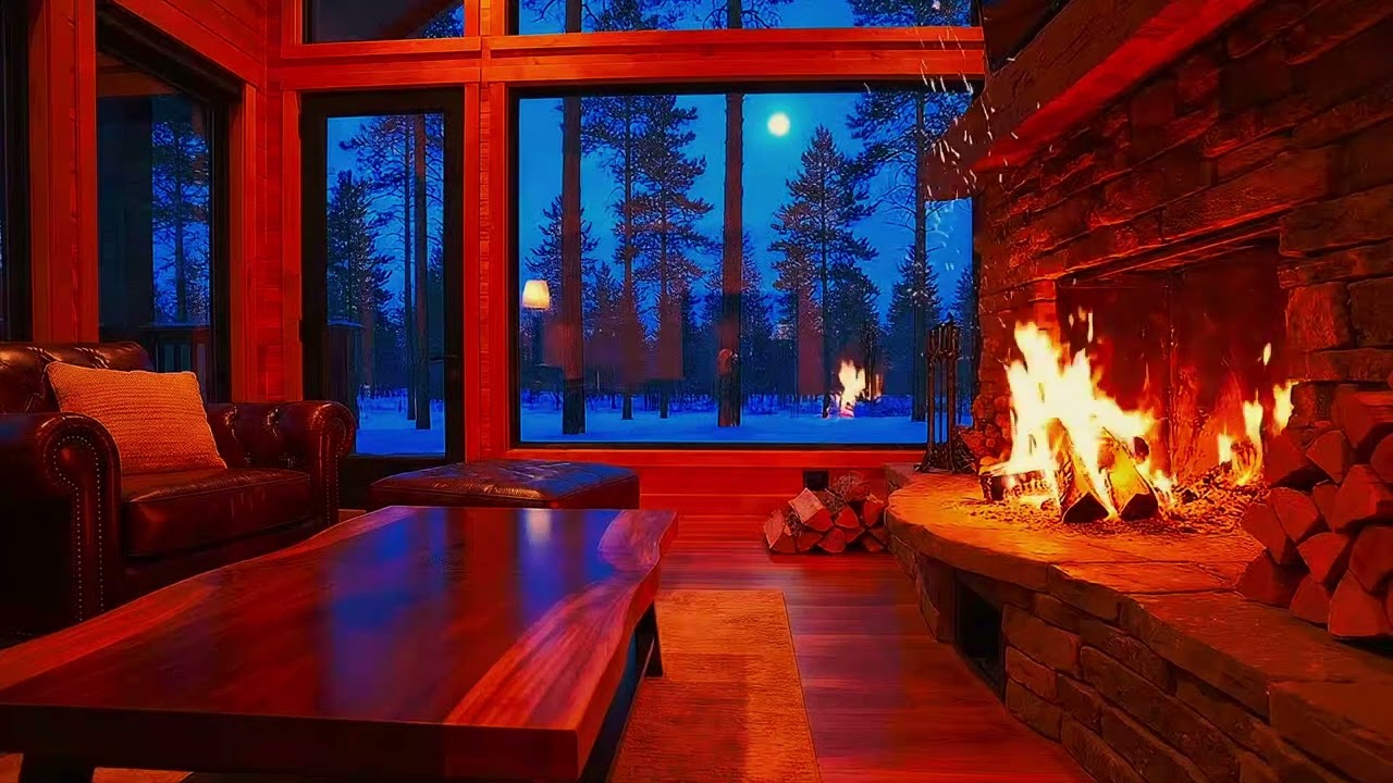 أجواء دافئة في بيت زجاجي ❄️ مدفأة وحطب مشتعل | 8 ساعات للنوم والاسترخاء | أصوات ثلج ونار 4K
