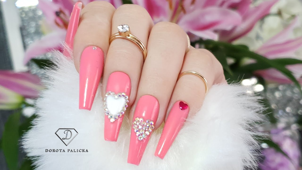 Valentines day press on nails. Heart crystals placement nail art.