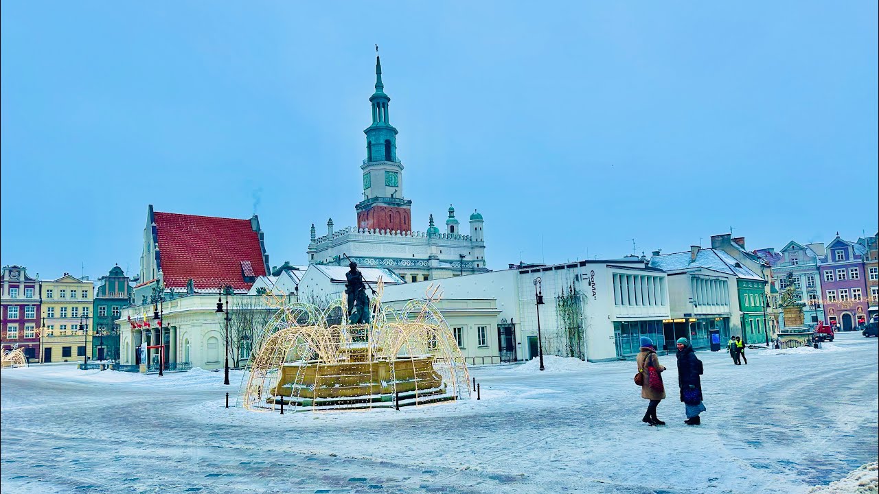 Poznań Poland, The city center gets snowy in winter and the  -20℃ 【4K Walking Tour】